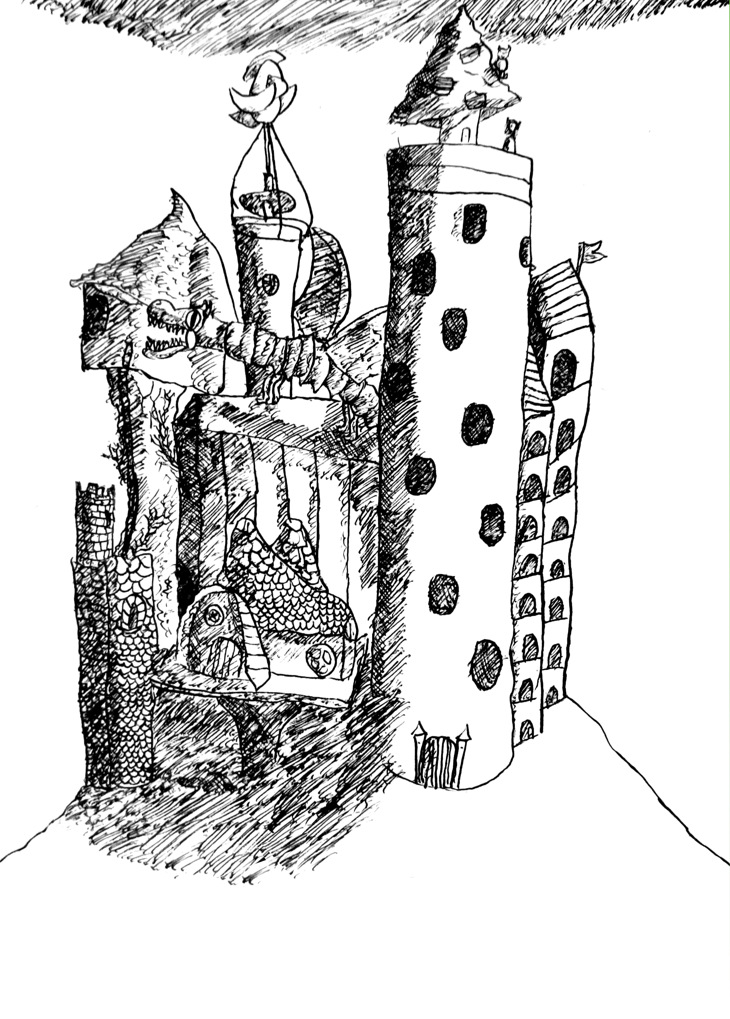 A black and white cross-hatched drawing of a hodgepodge of a castle, replete with several different architectural styles, scale issues, and of course the mandatory dragon.