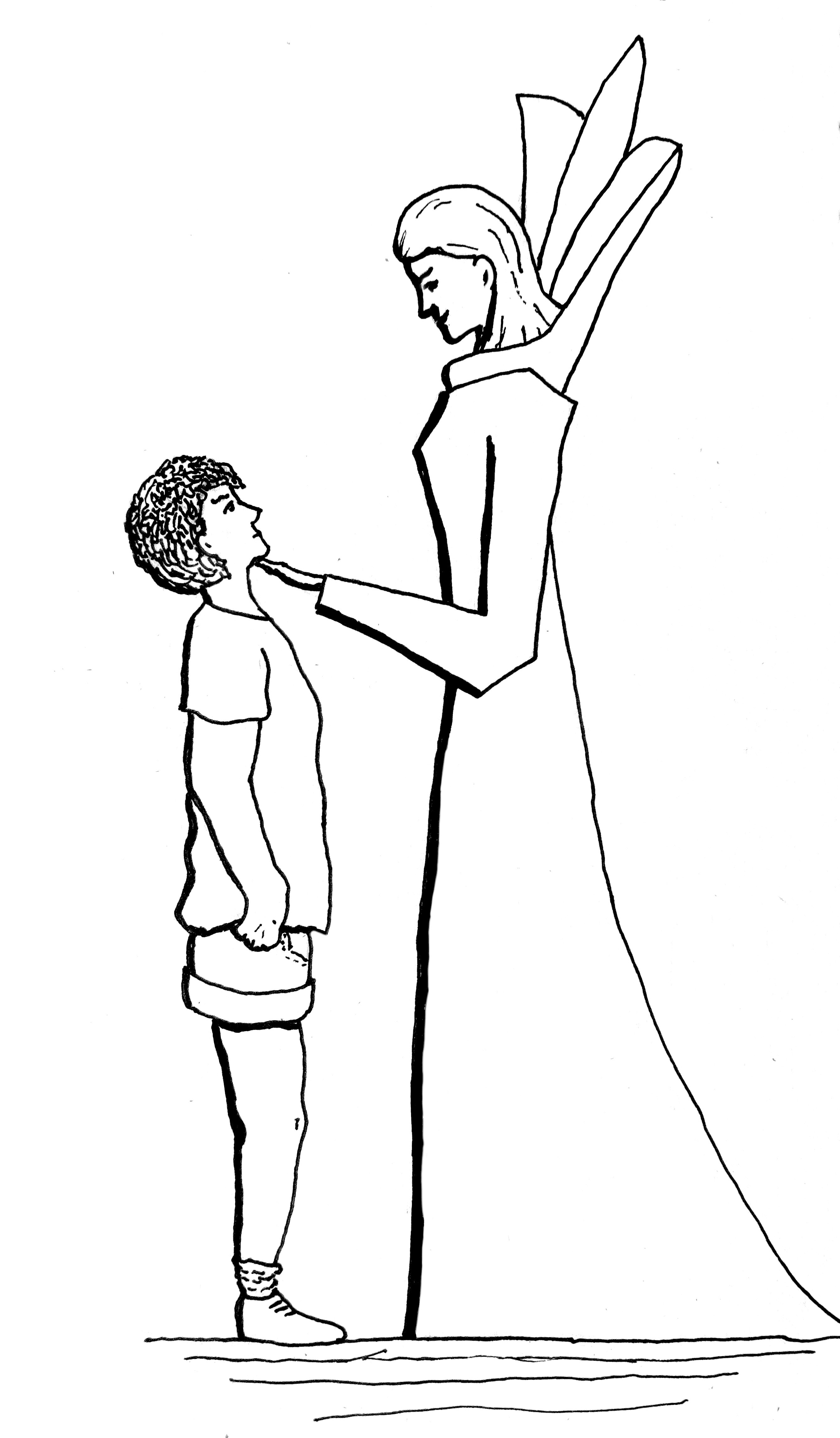 A black and white drawing. Jenny Everywhere, gripping the hem of her t-shirt and looking somewhat angry, stands opposite a woman far taller than her, with a regal bearing and elegant stance. The woman looks down at her, with a hand underneath Jenny's chin to force her to look up.